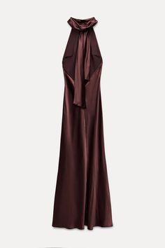 SATIN EFFECT HALTER NECK LONG DRESS - Wine | ZARA United States Layer A Satin Dress, Haltered Neck Dress, Long Draping Dress, Luxury Silk Evening Dress For Spring, Luxury Glamorous Satin Maxi Dress, Halter Neck Dress With Long Sleeves, Cross Halter Silk Dress, Luxury Draped Silk Dress For Women, Luxury Satin Glamorous Maxi Dress