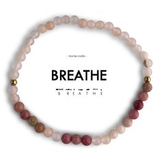 BREATHE One step at a time... This bracelet looks great alone or stacked with your other favorite Morse Code or stone stacking bracelets! How to read your jewelry: A Morse Code dot is one bead and a dash is two beads in the alternating color. Start at the small gold spacer bead and follow the Morse Code spelling around the bracelet! Your purchase helps to provide economic empowerment for women who are survivors of human trafficking and exploitation. Each piece is handcrafted by the woman it help Stone Stacking, Pink Aventurine, Quartz Pink, Stacking Bracelets, Morse Code Bracelet, One Step At A Time, Morse Code, Cream Lotion, Blue Agate