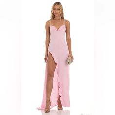 Satin Material, Long, Pink Dress, Size M. Lucy In The Sky Dress, Prom Dress Inspo, Sky Pink, Sky Dresses, Ruffle Maxi Dress, Lucy In The Sky, Pink Formal Dresses, Prom Dress Inspiration, Pretty Prom Dresses