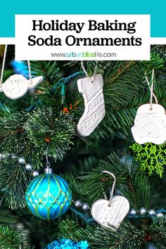 a christmas tree with ornaments hanging from it and the words holiday baking soda ornaments on top