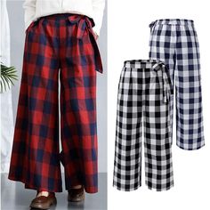 Oversized Women's Plaid Trousers ZANZEA Vintage Wide Leg Pants Elastic Waist Long Pantalon Palazzo Female Casual Belted Turnip Vintage Wide Leg Pants, Plaid Trousers, High Waist Trousers, Womens Wide Leg Pants, Pants Elastic Waist, Oversize Women, Pants Loose, Casual Belt