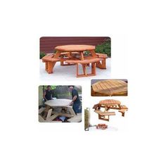 several different types of picnic tables and benches