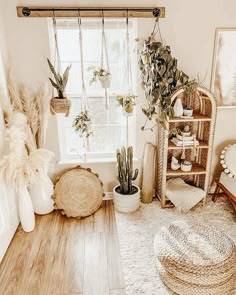 a room filled with lots of plants next to a white wall and wooden flooring