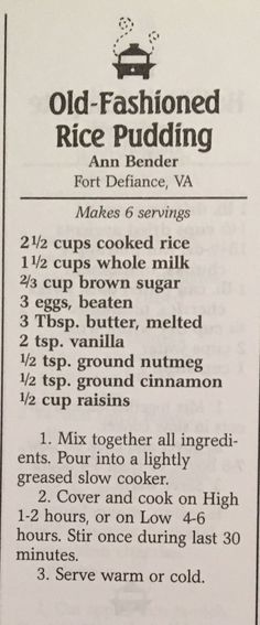 an old fashioned rice pudding recipe with instructions for making it in the microwave or on the stove