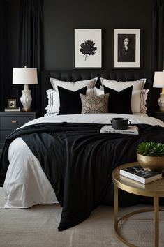 Introduce sleek black bedding to your white furniture bedroom for a trendy, high-contrast aesthetic. This bold combo offers endless ways to accessorize with metallic or neutral accents for a polished look. Modern Black Bedroom, Black And White Bedroom, White Bedroom Design, Dark Bedroom, Gold Bedroom, White Bedroom Furniture