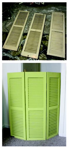 the before and after pictures show how to paint shutters on an old cabinet door