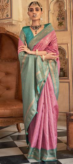 Blue, Pink and Majenta color Saree in Banarasi Silk fabric with Weaving, Zari work Baby Pink Saree, Thread Weaving, Wedding Fits, Pink Backdrop, Dance Outfit, Wedding Blue, Naming Ceremony, Bridal Silk Saree, Blue Saree