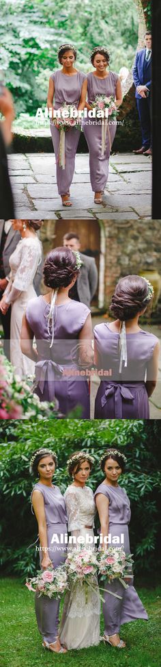 two women in purple dresses standing next to each other