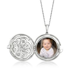 Ross-Simons - .10ct t. w. Diamond Floral Round Locket Necklace in Silver. 18". This beautiful round locket necklace honors your fondest memories of loved ones in style. Features a sparkling flower embellished with .10 ct. t. w. round diamonds and milgrain details in polished sterling silver. Fits a 3/4" photo inside. Suspends from a rope chain. Springring clasp, diamond floral round locket necklace. Diamond birthstones are the perfect gift for April birthdays. Elegant Round Locket Necklace For Mother's Day, White Gold Round Keepsake Jewelry, Round Birthstone Locket Necklace For Anniversary, Round Locket Necklace With Charms For Anniversary, Keepsake Round White Gold Jewelry, Anniversary Round Locket Necklace With Charms, Anniversary Birthstone Locket Necklace, Mother's Day White Gold Locket Necklace Keepsake, White Gold Locket Necklace For Mother's Day Keepsake