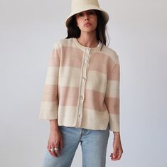 "Circa: 1980's Cream and blush pink striped sweater, made with a fine knitted wool blend, by Rodier. Made in France.  In excellent vintage condition. Some minor discoloration.  Shoulder to Shoulder: 17\" Bust: 38\" Waist: 38\" Shoulder to Hem: 22\"" Classic Striped Sweater For Spring, Vintage Striped Sweater For Spring, Pink Striped Sweater, Preppy Shirt, Vintage Cardigan Sweater, Riding Shirts, Vintage Slip Dress, Oversized Sweater Cardigan, Designer Sweater