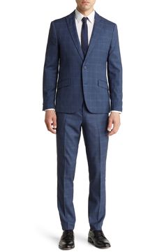 Classic and versatile, this well-dressed plaid suit crafted from supersoft and stretchy fabric features a peaked lapel jacket and flat-front trousers. 28" length, bottoms: 32" inseam; 10" rise (size 40R)
 Jacket has peak lapels; four-button cuffs; chest pocket; flap pockets
 Trousers have zip fly with hook-and-bar closure; slant pockets; back button-welt pockets 84% polyester, 15% rayon, 1% spandex Dry clean Imported Semi-formal Plaid Suit With Notch Lapel, Tailored Plaid Suits With Welt Pockets, Plaid Notch Lapel Suit For Formal Occasions, Formal Plaid Suits With Notch Lapel, Tailored Plaid Suit For Semi-formal Occasions, Fitted Flat Front Suits For Business Casual, Plaid Suits For Semi-formal Occasions, Plaid Semi-formal Suit, Semi-formal Plaid Suit