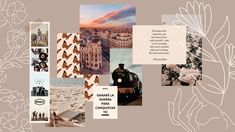 the collage is made up of many different pictures and words, including an image of a train