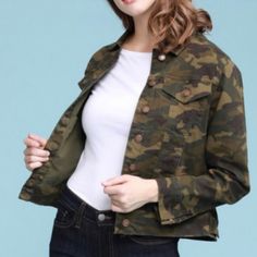 This Camo Denim Jacket Is Absolutely Necessary To Have!! You Can Pair It With Basically Anything In Your Closet. Khaki Denim Jacket With Pockets For Fall, Denim Khaki Outerwear With Pockets, Casual Khaki Denim Jacket With Flap Pockets, Spring Khaki Denim Jacket With Flap Pockets, Casual Khaki Denim Outerwear, Khaki Military Style Long Sleeve Denim Jacket, Military Style Long Sleeve Denim Jacket For Fall, Utility Style Khaki Denim Jacket With Flap Pockets, Khaki Denim Jacket With Button Closure