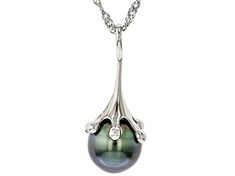 11mm Cultured Tahitian Pearl Rhodium Over Sterling Silver Pendant with Chain. Pendant measures approximately 1 1/4" L x 7/16" W and has a 2.5mm bail. Singapore chain measures approximately inches in length, 1/32 of an inch in width with a lobster claw clasp closure and a 2 inch extender. Colors, shapes, and sizes may vary. Silver Necklace With Bail In Fine Jewelry Style, Formal White Gold Jewelry With Tahitian Pearl, Formal Silver Necklaces With Bail, Tahitian Pearl Teardrop Jewelry For Formal Occasions, Tahitian Pearl Pendant For Formal Occasions, Tahitian Pearl Pendant Jewelry For Formal Occasions, Tahitian Pearl Pendant Jewelry For Formal Events, Tahitian Pearl Pendant Necklaces For Formal Occasions, Formal Tahitian Pearl Pendant Necklaces