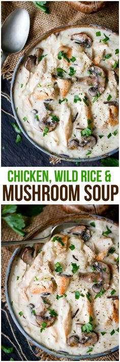 chicken wild rice and mushroom soup in a skillet