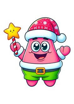 a cartoon character wearing a santa hat and holding a star