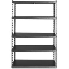 an empty metal shelving unit with four shelves on one side and two rows on the other