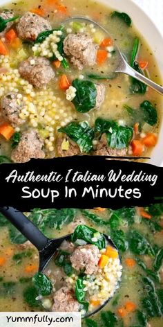 a bowl of soup with meatballs and spinach in it, next to a spoon