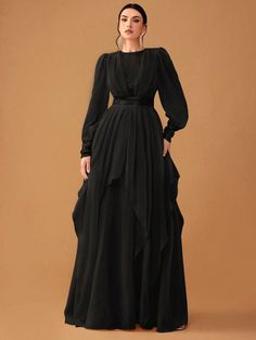 Negro Fiesta Collar manga larga Chifón Liso A línea Embellished Elástico Ligero Dress For Eid, Satin Formal Dress, Sequin Formal Dress, 파티 드레스, Eid Dresses, Evening Gowns Elegant, Long Sleeve Sequin, Women's Evening Dresses, Women Formals