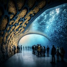 many people are standing in front of an underwater tunnel that is filled with blue water