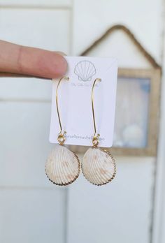 Beautiful natural handpicked seashells handcrafted into elegant dangle earrings. Lined in liquid gold foil affixed to gold plated kidney bean hoop dangles.  Perfect jewelry gift for daughter, mom, friend, or any earring lover with a love of the ocean and beachy glam!  Seashells are authentic and should be handled with care. All metals used are hypoallergenic. Summer Shell Jewelry Gift, Nickel-free Shell Gift, Gold Hoop Jewelry For Beach, Gold Teardrop Hoop Earrings For Summer, Nickel-free Ocean-inspired Shell As Gift, White Shell Dangle Jewelry, Ocean-inspired Shell Earrings As Gift, Handmade Dainty Shell-shaped Jewelry, Gold Shell-shaped Jewelry With Matching Earrings