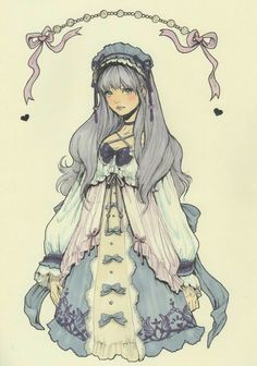 a drawing of a woman with long purple hair wearing a blue and white dress,