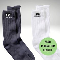 Custom father's day socks with dad est. date embroidery on socks of your choice. These Dad embroidery socks can be on crew socks or quarter length socks (a little above the ankle) white or black of your choice. Father dad date socks make unique and personalized gifts for Father's Day. The embroidery font is in all capital letters with the custom date. Please leave a note with your est. Date. ** Offered in Plain white/black crew length or in quarter length socks. Please select the right option. M Embroidery On Socks, Date Embroidery, Sock Embroidery, Embroidery Socks, Dad Socks, Personalized Socks, Name Embroidery, Capital Letters, Custom Nikes