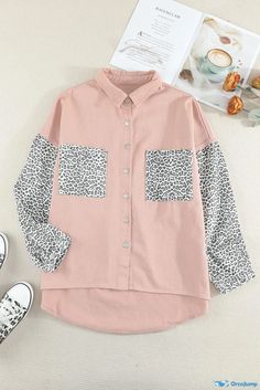 OrcaJump - Pink Contrast Leopard Denim Jacket Pink Denim Jacket With Pockets For Fall, Pink Casual Denim Jacket For Winter, Casual Pink Denim Jacket For Winter, Pink Contrast, Drop Sleeve, Autumn Sleeve, Pink Style, Denim Jackets, Workout Jacket