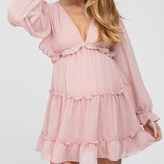 Wore For One Photo. Brand New. Originally $84 Size + Fit Length: 32" Sleeve Length: 19" Measured From: Small Pink Baby Shower Dress, Vestidos Para Baby Shower, Chiffon Maternity Dress, Pink Maternity Dress, Baby Shower Outfit, Pink Chiffon, Baby Shower Dresses, Open Back Dress, Shower Dresses