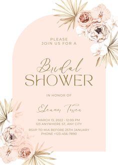 an elegant bridal shower card with flowers and palm leaves on the front, in pink