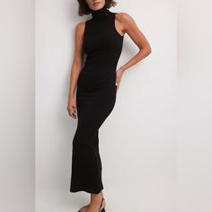 -Size Small -Black -Never Worn Sleek Black Ribbed Bodycon Dress, Black Ribbed Midi Length Maxi Dress, Black Ribbed Maxi Dress, Black Ribbed Maxi Dress For Night Out, Sleek Black High Neck Maxi Dress, Sleek Black High-neck Maxi Dress, Spring Black Ribbed Maxi Dress, Black Ribbed Midi Dress For Date Night, Black Sleeveless Ribbed Maxi Dress