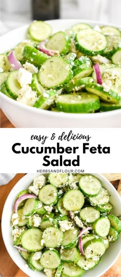 cucumber and feta salad in a white bowl