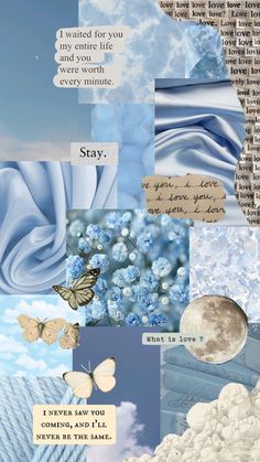 a collage of blue and white images