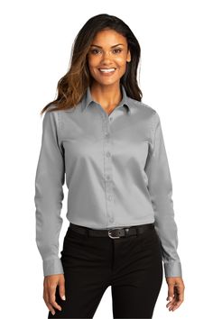 Port Authority ® Ladies Long Sleeve SuperPro ™ React ™ Twill Shirt - GUSTY GREY - S | Port Authority Women's Long Sleeve SuperPro React Twill Shirt in Gusty Grey Size Small | Cotton/Polyester Blend Lab Coats, Port Authority, Twill Shirt, Work Wear Women, Woven Dress, Coat Pant, Polished Look, Mens Coats, Women Long Sleeve