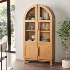 a wooden china cabinet with glass doors on the front and shelves above it, next to a potted plant