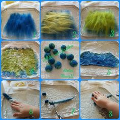 there are many pictures of different things made out of yarn and felts on the table