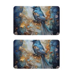 two coasters with blue and gold designs on the front, one has a bird sitting on