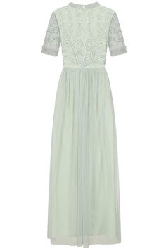 Shimmer your way through wedding season in the fabulous Fana maxi dress. Cut in a classic, floor skimming silhouette, this seafoam green style boasts short sleeves, a v neckline and delicate ruffle trim. Fana is complete with ornate beadwork that twists its way across the bodice. Embellished Maxi Dress With Short Sleeves For Wedding, Embellished Short Sleeve Maxi Dress For Wedding, Short Sleeve Embellished Maxi Dress For Wedding, Embellished Short Sleeve Maxi Wedding Dress, Green Short Sleeve Evening Dress For Wedding, Green Embellished Maxi Dress For Prom, Short Sleeve Maxi Dress For Prom, Green Short Sleeve Maxi Dress For Wedding, Embellished Floor-length Bridesmaid Maxi Dress