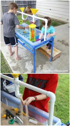 two children playing with sand and water in an outdoor play table made out of plastic pipes