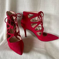 New, Never Worn Vince Comodo Red Suede Lace Up Heels. 3 1/2 Inch Heel. Fun For The Holidays! Size 8 1/2 M - Eu 38 1/2 From Pet Free/Smoke Free Environment Evening Lace-up Heels With Red Sole, Red Lace-up Heels For Evening, Red Lace-up Heels With Red Sole, Red Lace-up Heels For Night Out, Suede Lace, 2 Inch Heels, Vince Camuto Shoes, Red Suede, Lace Up Heels