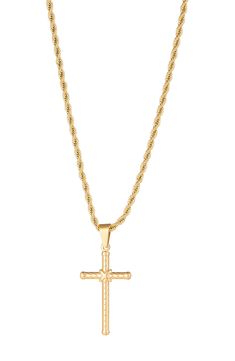 A gold plated cross pendant is styled with a rope chain for a classic look. . Cross pendant with rope chain. Lobster clasp. Imported Gold plated titanium Cross Necklace Rosegold, Keep Jewelry, Rope Chain, Gold Details, Cross Pendant, Classic Looks, Womens Jewelry Necklace, Lobster Clasp, Eye Candy