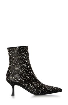 Polished studs create an edgy aesthetic on a bold bootie balanced by a pointy toe and tapered flare heel. Side zip closure Synthetic upper, lining and sole Imported Asian & Pacific Islander Owned/Founded Elegant Studded Pointed Toe Heeled Boots, Elegant Studded Heeled Boots With Pointed Toe, Chic Embellished Heeled Boots With Pointed Toe, Chic Embellished Heeled Boots For Night Out, Chic Embellished Fitted Boots, Chic High Heel Boots With Silver Studs, Edgy Spiked Pointed Toe Boots, Glamorous Studded Leather Boots, Chic Embellished Ankle Heeled Boots