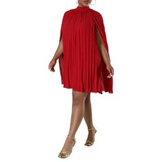 Red Mock Neck Pleated Cape Dress Fitted Cape Dress For Fall, Chic Cape Dress For Fall, Red Cape Evening Dress, Red Cape Dress For Party, Cape Dress, Mini Dresses, Women Dresses, Mock Neck, Dresses Mini