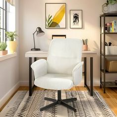 a white office chair sitting on top of a wooden floor next to a desk and bookshelf