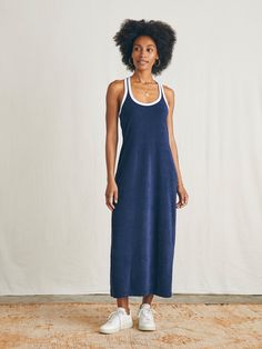 Cabana Towel Terry Dress - Navy Blazer Summer Athleisure Loungewear Dresses, Athleisure Sleeveless Loungewear Dress, Relaxed Cotton Lounge Dress, Relaxed Fit Cotton Lounging Dress, Relaxed Fit Cotton Dress For Lounging, Sporty Sleeveless Beach Dress, Blue Summer Lounge Dresses, Sporty Sleeveless Loungewear Dresses, Sporty Sleeveless Lounge Dresses