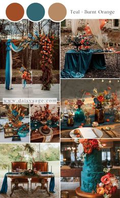 a collage of photos with different colors and flowers on it, including oranges, blue