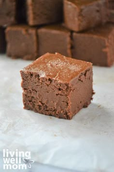 chocolate brownies stacked on top of each other