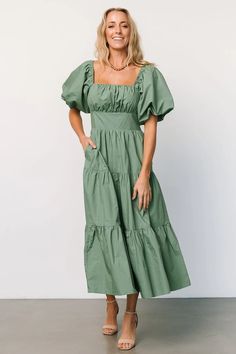 Cindy Puff Sleeve Tiered Dress | Dusty Green | Baltic Born Sage Green Dress With Sleeves, Dusty Green Dress, Green Dress With Sleeves, Green Cotton Dress, Sage Bridesmaid Dresses, Summer Palette, Sage Green Dress, Dresses Fancy, Ropa Aesthetic