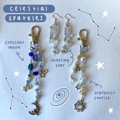 several different types of earrings are shown on a sheet of paper with the words celestial sparkles written below them