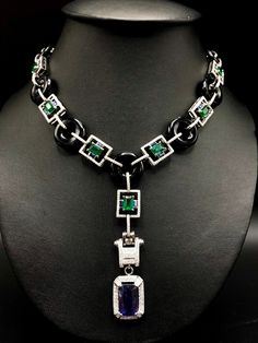 "So Perfect Jewelry Boutique proudly presents \"The Ultimate-Art-Deco Emerald & Sapphires Necklace\". Extremely stunning with TOP VIVID GREEN, ZAMBIAN EMERALDS! 100%. GUARANTEE!! CERTIFIED! With over 524 HANDSET, natural E/VS diamonds! Set in handcrafted 18K solid white gold setting. A DREAM COMES TRUE! Gorgeous masterpiece! Ultimate ART-DECO Style Necklace! Featuring an ENORMOUS & extra rare UNHEATED, 12.99 carats, color change sapphire, 7 pieces of VIVID GREEN, Zambian emerald weightin Fantasy Pendant, Emerald Green Necklace, Gold Necklace Pendant, Color Change Sapphire, Ceylon Blue Sapphire, Emerald Blue, White Gold Necklace, Jewelry Boutique, Art Deco Stil